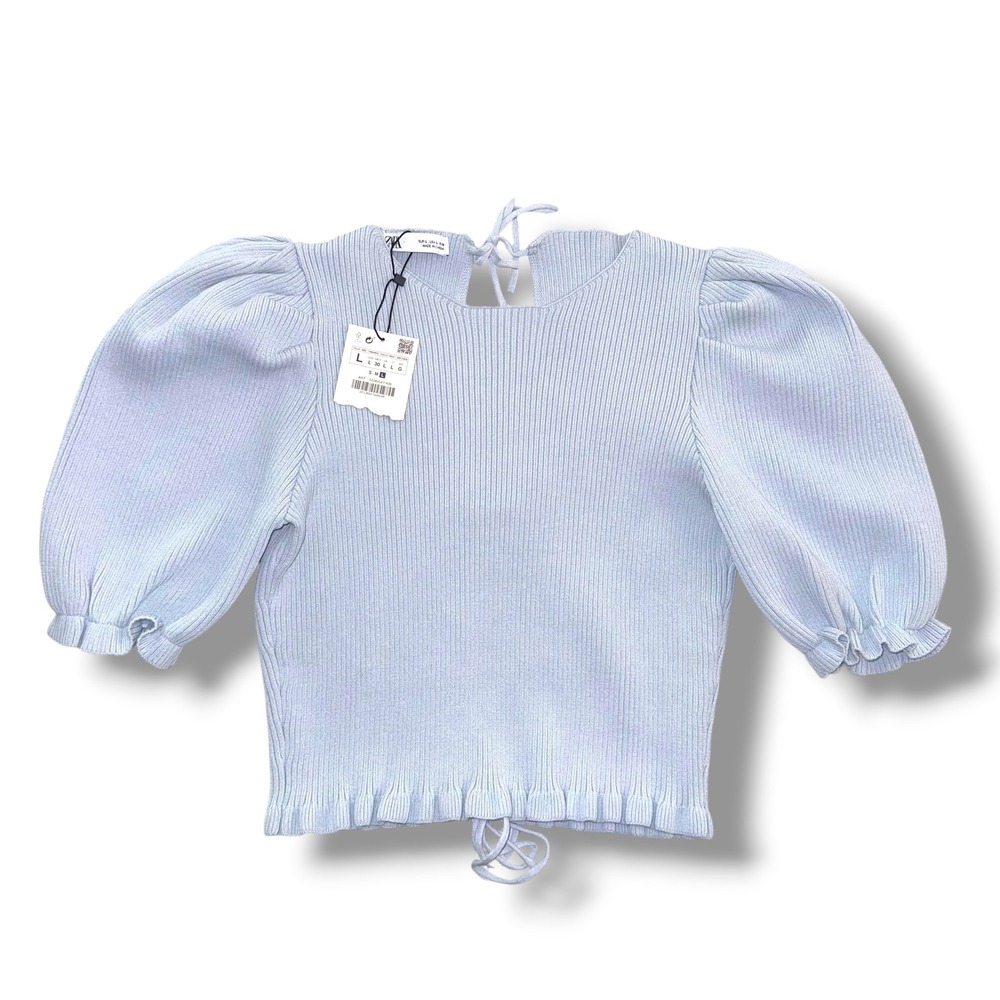 Zara Light Blue Ribbed Knit Puff Sleeve Open Back Tie Top Size L 5536/047/406
